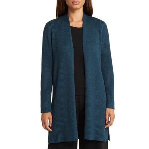 EILEEN FISHER 100% Merino Wool Ribbed Long Open Cardigan Sweater, Size XL